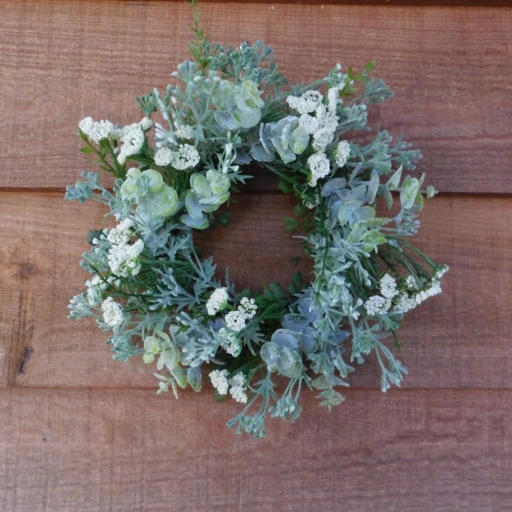 Dusty‎ Miller Mini Wreath, Eucalyptus, White Flowers, Candle Ring